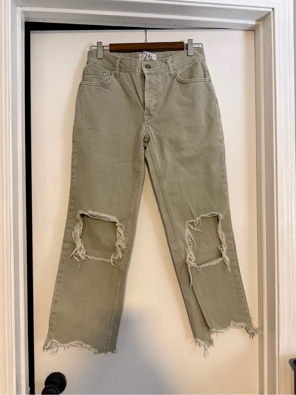 Free People Distressed Straight-Leg Jeans in Sage